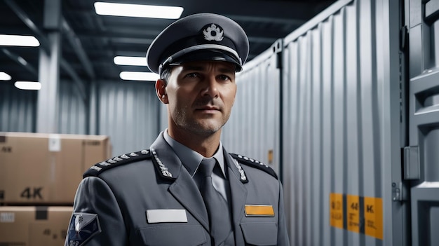 Man in Uniform Standing in Front of a Container