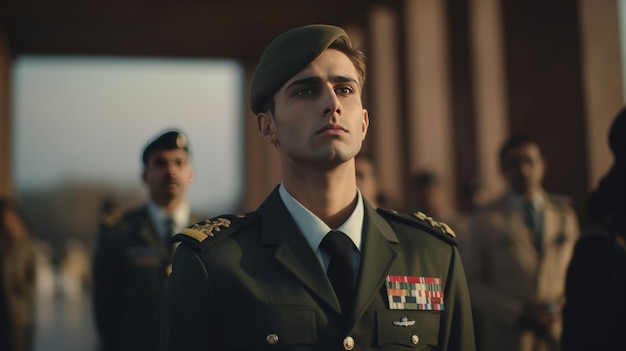 man in Uniform Standing in Front of Flags