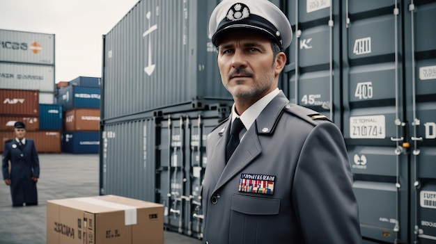 Photo man in uniform standing next to stack of shipping containers