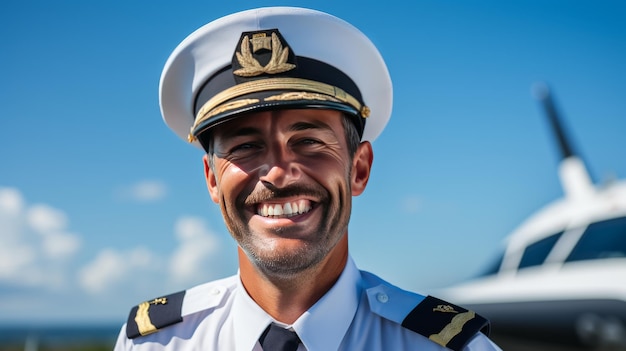 A man in a uniform stands proudly in front of a majestic boat on a sunny day