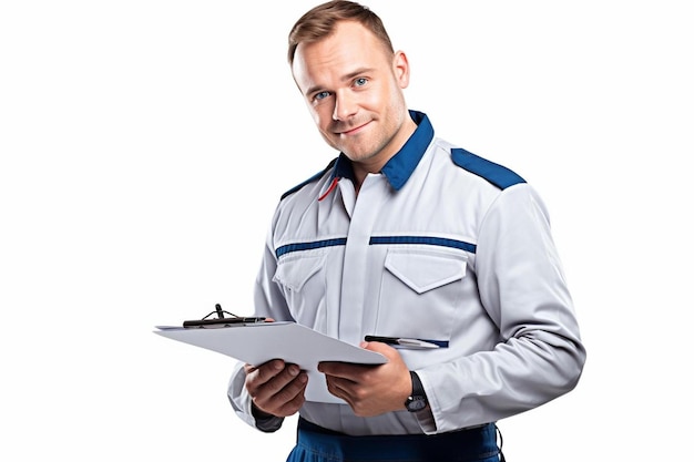 Photo a man in an uniform with a clipboard and a clipboard with a clipboard in the background