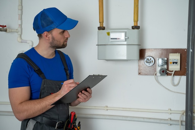 Man in uniform writes down the gas meter reading in a notebook