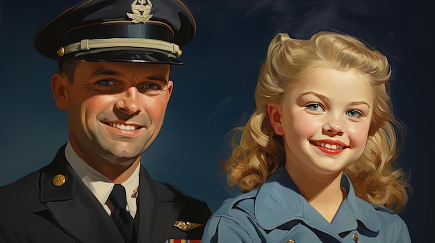 a man in uniform and a young girl in the style of joyful and optimistic