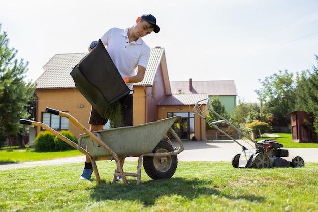 Man unloads mowed grass into wheelbarrow