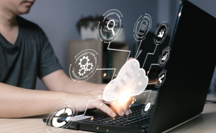 man use cloud computing diagram show on computer Data storageCloud technologySecure backup and consistency Networking and internet service conceptImplementing storage technology in business