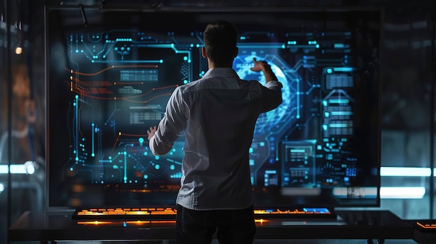 a man use the ultra futuristic hohographic touch screen uhd wallpaper