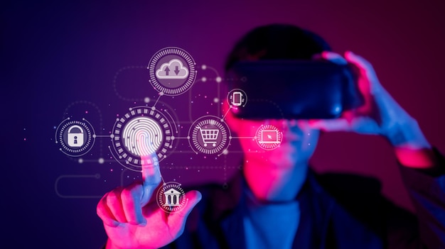 A man use VR Virtual Reality touching fingerprint scan provides security interface payment shopping banking and cloud computing network connection