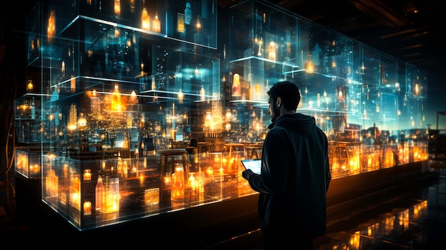 A man uses computers to display AIgenerated network data on screens