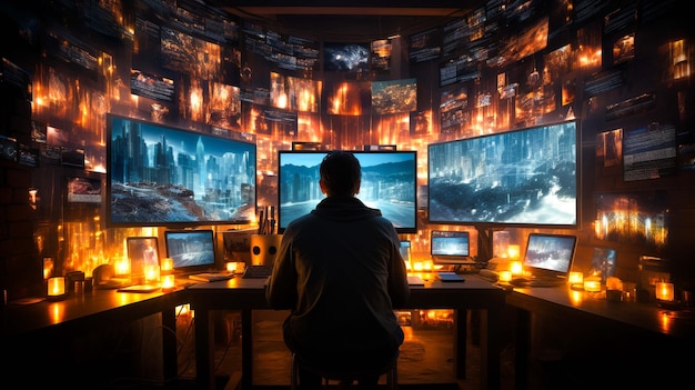 Photo a man uses computers to store and show data information on screens generated by ai