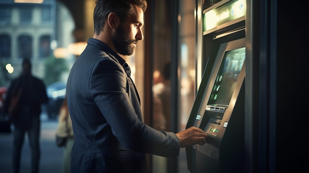 Человек использует кредитную карту в банкомате Концепция туризма путешествия отдыхаИИ Генеративный ИИ