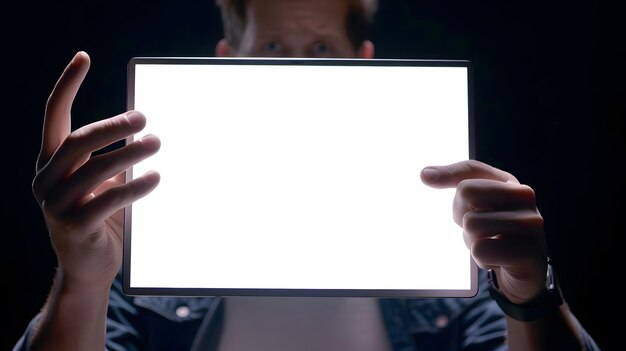 Photo a man uses a laptop with a white isolated screen and shows his index fingers to the generative ai