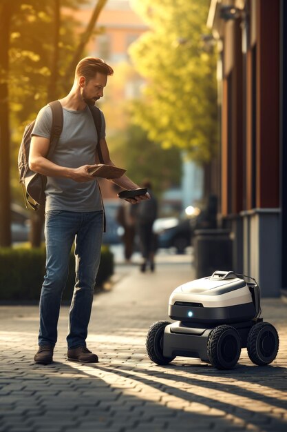 A man uses the services of a delivery robot or courier Selfdriving robotic car