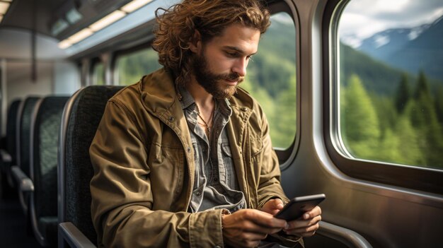 a man uses a smartphone in a train