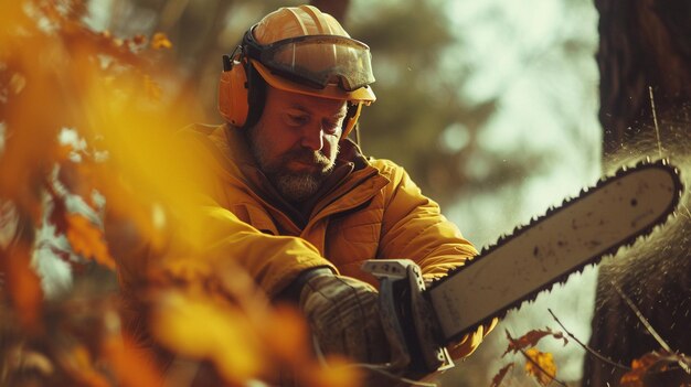 写真 チェーンソーを使う男