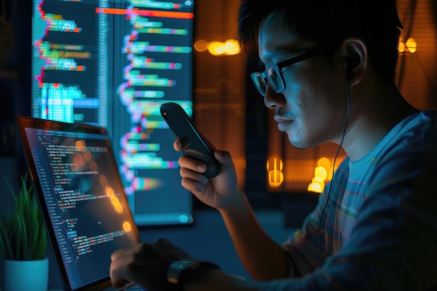 Premium Photo | Man using AI big data IoT for programming on devices