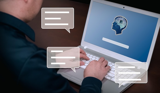 Photo a man using artificial intelligence chatbot to talk to ai