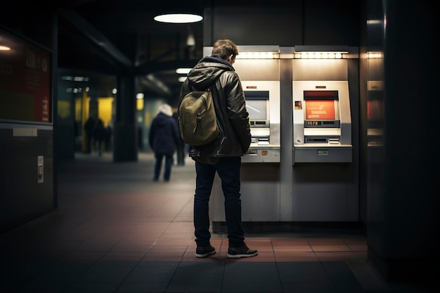 man using an ATM in the subway