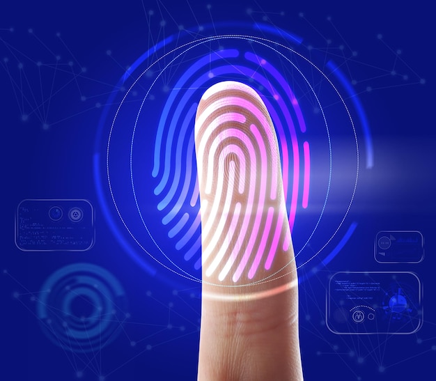 Man using biometric fingerprint scanner on blue background closeup