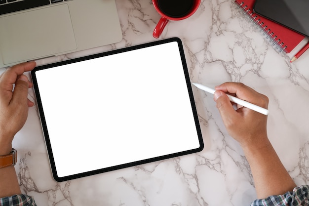 Man using blank screen digital modern tablet