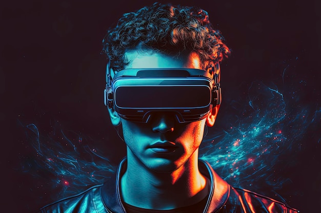 Man using bright futuristic VR glasses for exploring cyberspace and Metaverse on dark blue background