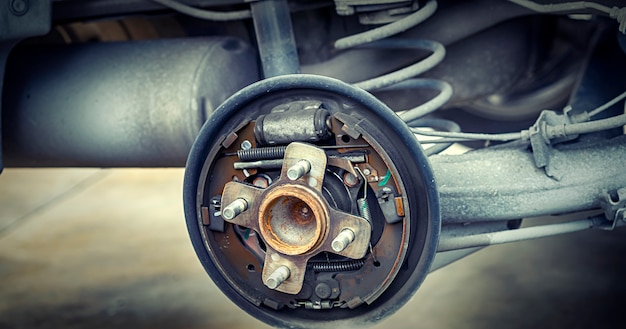 Photo man using car mechanic block the wind wheel.     to check your tires and brake for car.auto mechanic preparing for the work.