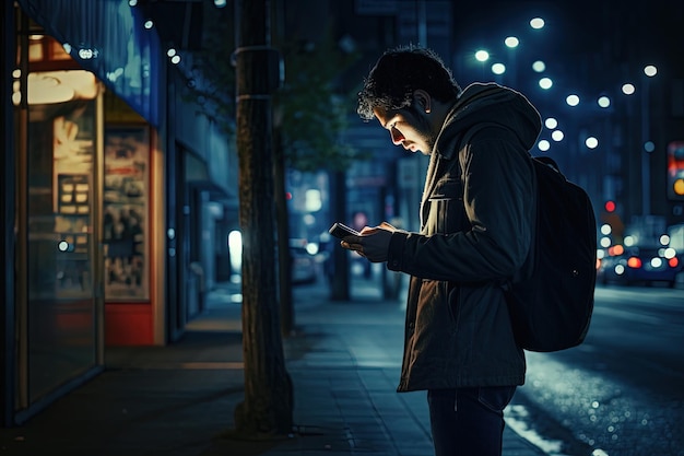 写真 背後にある街で夜に携帯電話を使っている男 生成的なai
