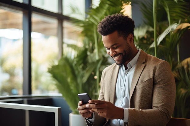 Man using cellphone in front of office