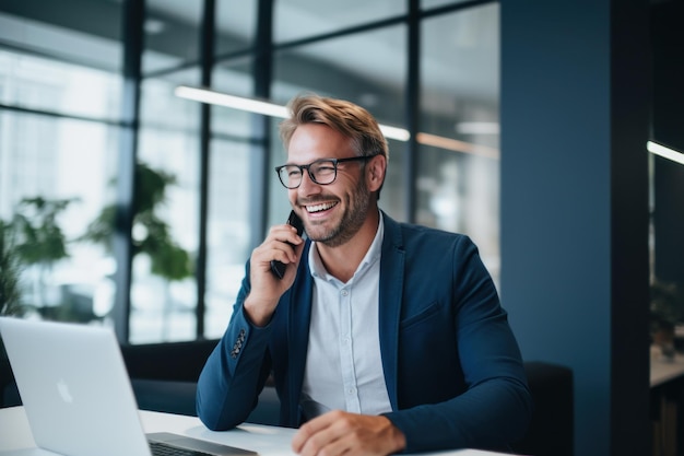 Man using cellphone in front of office