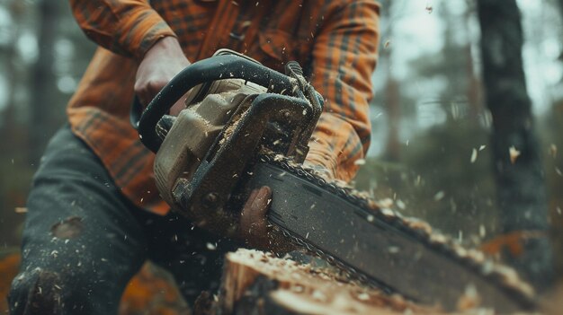 Photo man using a chainsaw in the woods