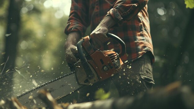 Photo man using a chainsaw in the woods