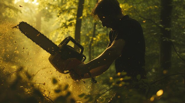 Photo man using a chainsaw