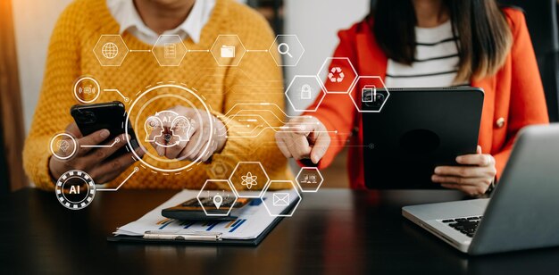 コンピューターとタブレットのスマートインテリジェンスAiChat GPTでチャットボットを使用している男性OpenAIによって開発されたAI人工知能とチャットし、オンラインシステムxAxAで未来のテクノロジーロボットを生成します