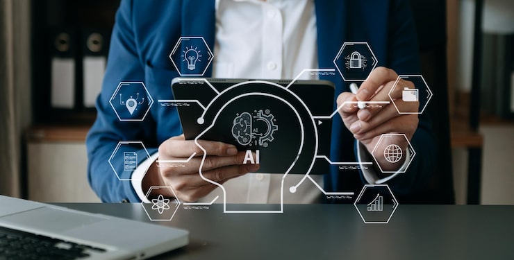 Photo man using chatbot in computer and tablet smart intelligence aichat with ai artificial intelligence developed by openai generate futuristic technology robot in online system