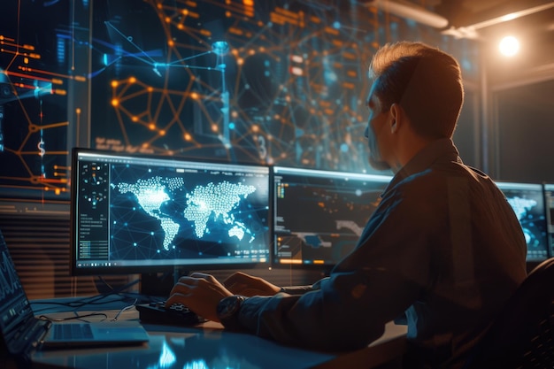 Man using computer in digital transformation with global network