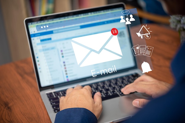 man using computer laptop icon email message marketing promote business sending information alert communications online internet social network concept