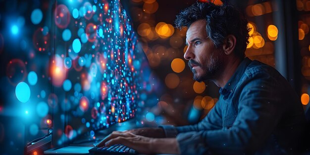 man using computer with abstract digital technology background representing data science internet network and cloud computing innovation concept data science internet network cloud computing