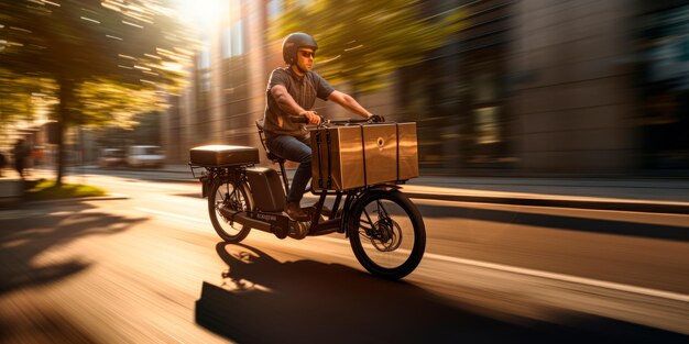 a man using an ecargo motorbike to transport goods to work AI generative