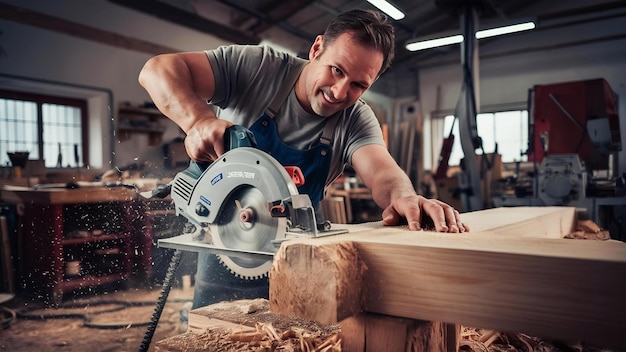 Man using electric saw at carpentry shop