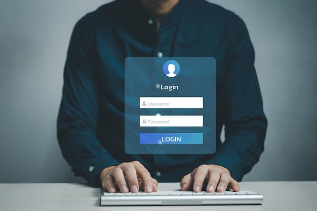 man using keyboard computer login interface on touch screen user name and password inputs on virtual digital account online