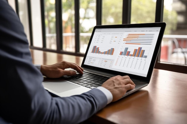 человек использует ноутбук и анализирует финансовую статистику в своем офисе концепция цифровой диаграммы