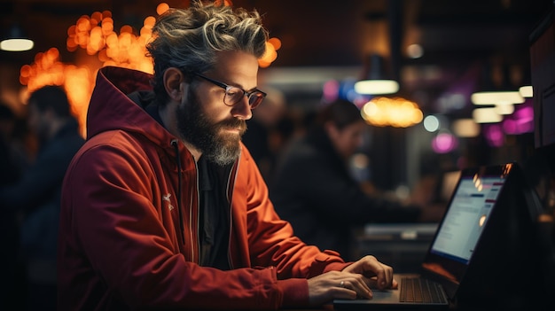 Man using a laptop in a cafegenerative ai