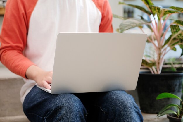 Photo man using laptop computer, people and technology, lifestyles