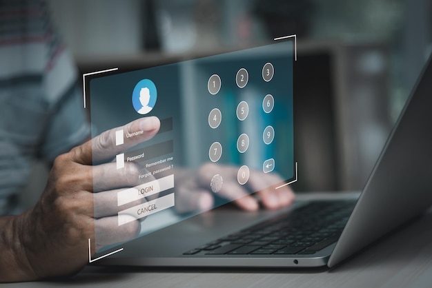 Foto uomo che utilizza un computer portatile e registrati o accedi al touch screen virtuale della password del nome utente