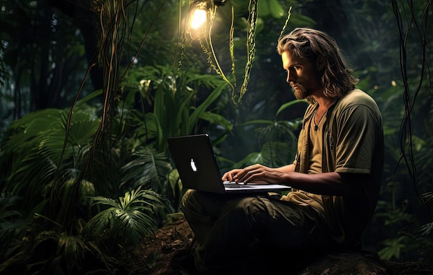 man using laptop in the jungle in the style of quantum wavetracing