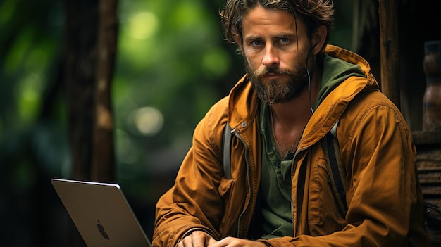 a man using a laptop and sitting on a chair