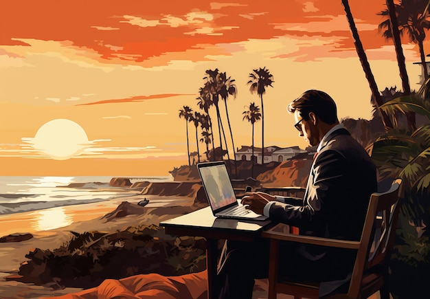 Man using laptop during sunset illustration