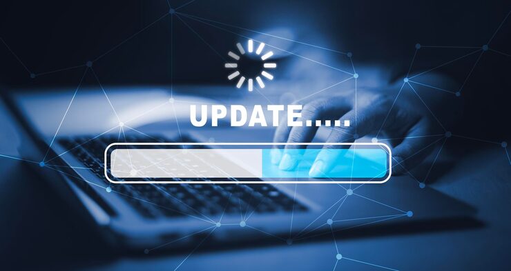Photo man using laptop with update software computer program upgrade business technology internet update on virtual screen internet and technology concept loading bar with installing the update