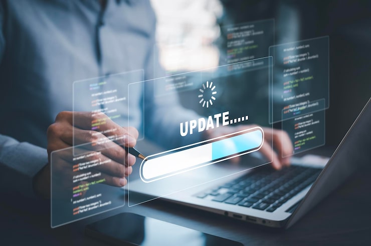 Photo man using laptop with update software computer program upgrade business technology internet update on virtual screen internet and technology concept loading bar with installing the update