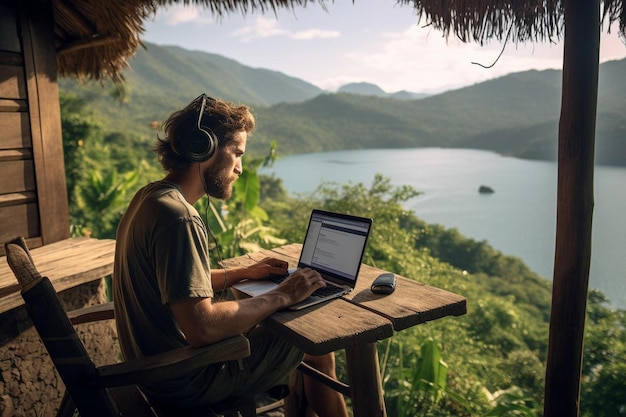 man using a laptop with a view of the mountains in the background.