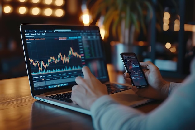 Photo man using mobile phone and laptop checking and doing investing analysis working with charts and market reports investor trader analyzing financial trading crypto stock market